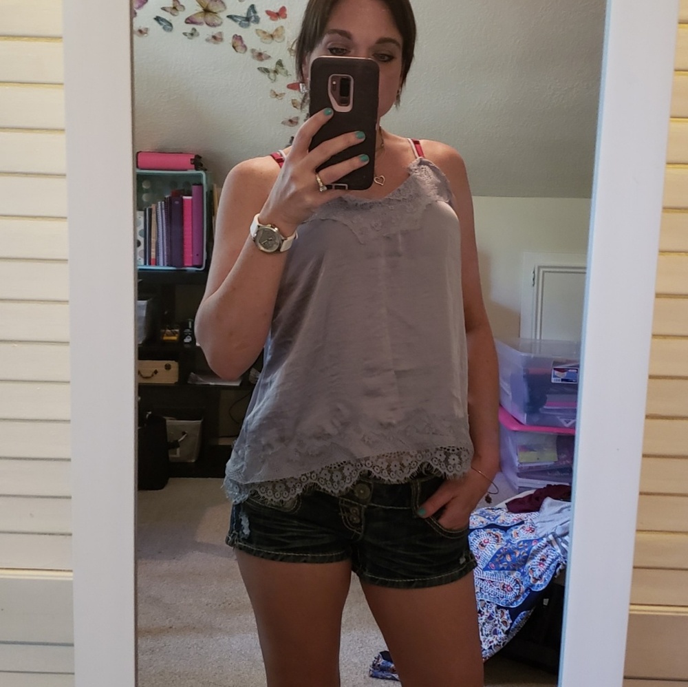 NWOT Light slate blue silk and lace tank